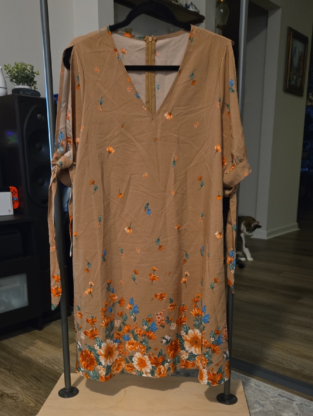 SHEIN Taupe Midi Dress with Orange & Blue Floral Details
